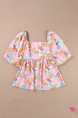 Pink Floral Puff Sleeve Square Neck Babydoll Blouse