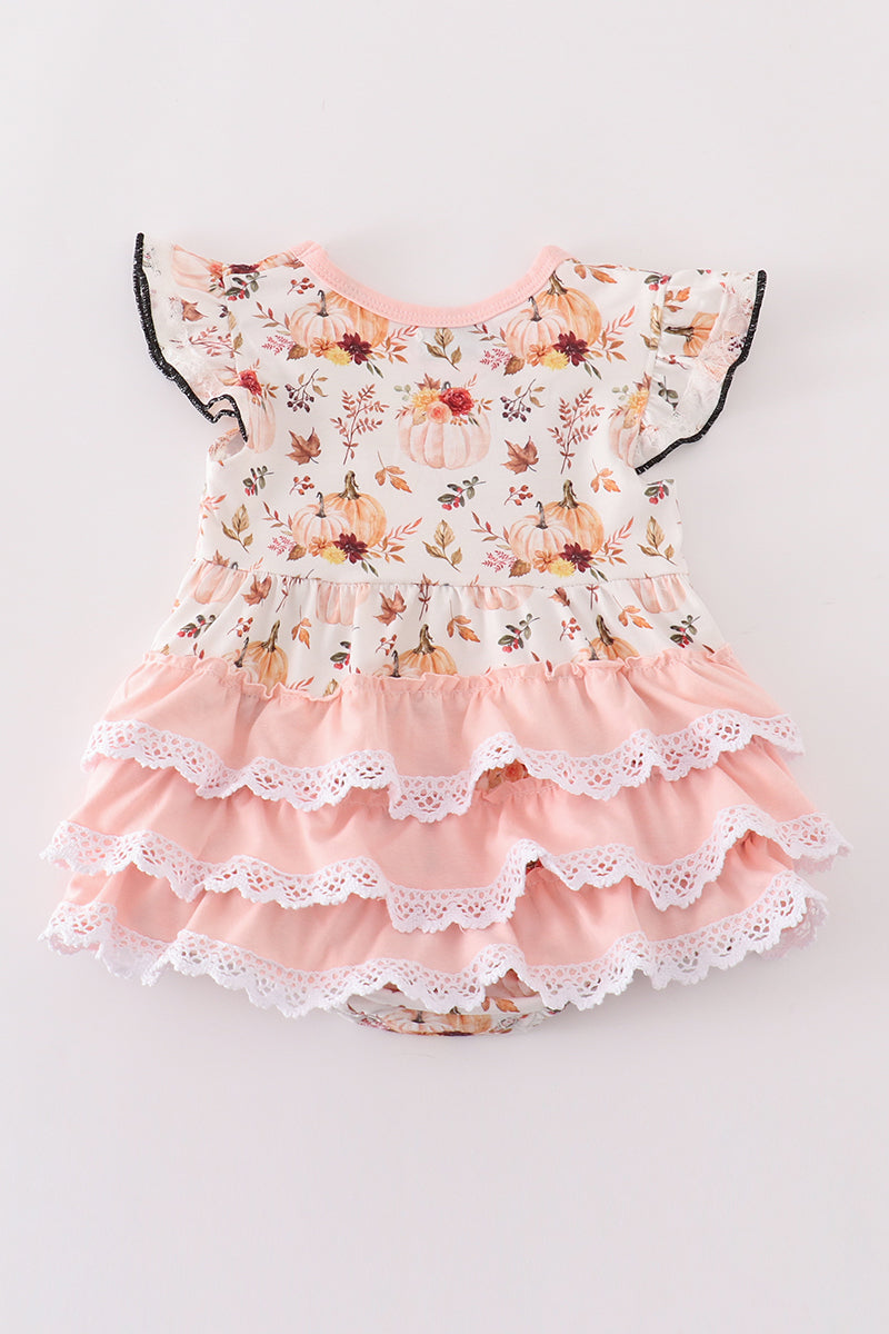 Coral Pumpkin Ruffle Baby Romper