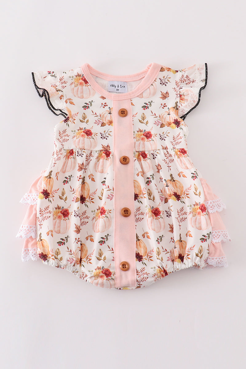 Coral Pumpkin Ruffle Baby Romper
