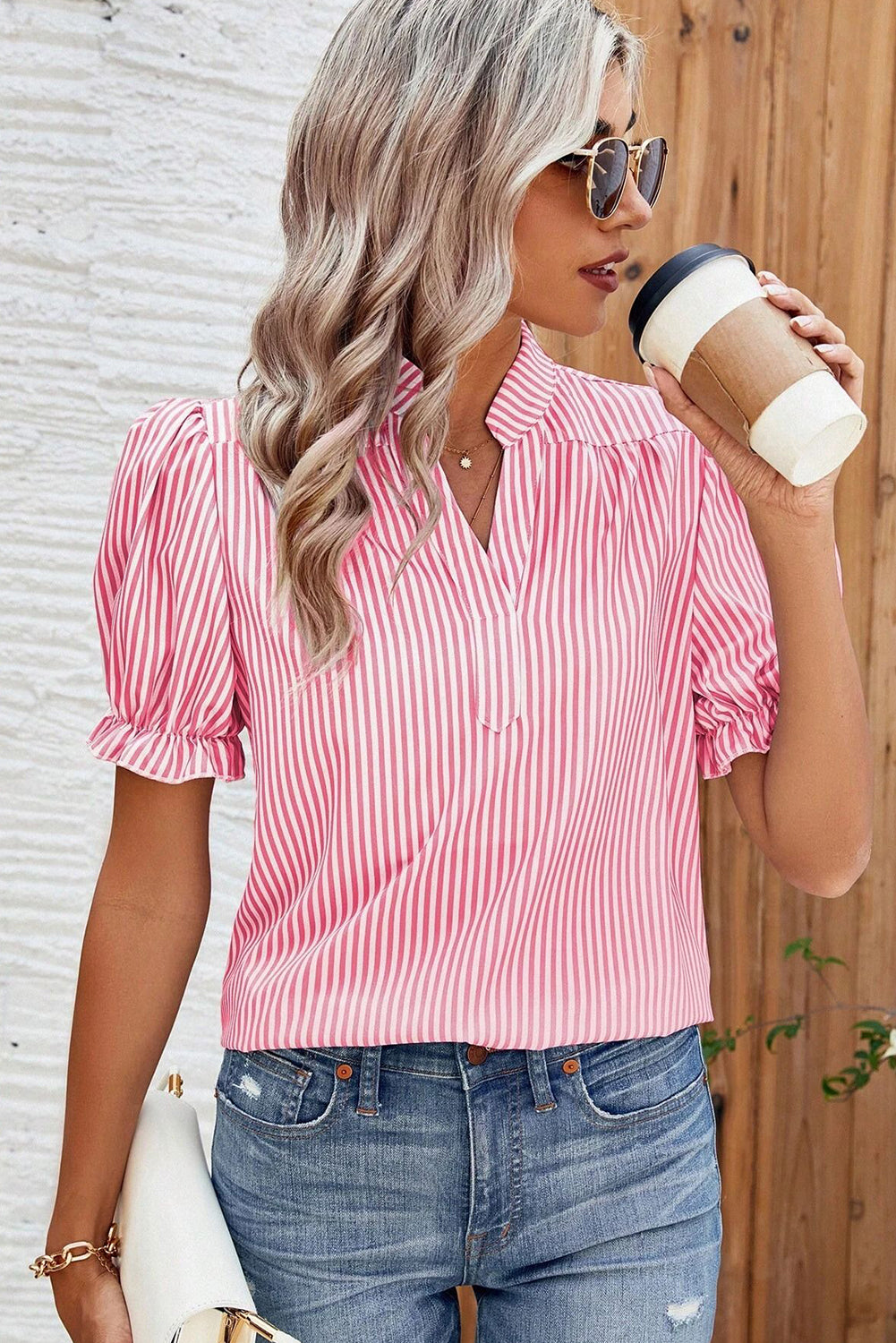 Pink Stripe Frilled Puff Sleeve Blouse