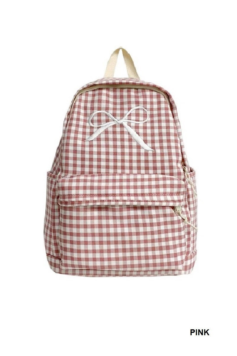 Coquette Bow Embroidered Checkered Backpack ๐