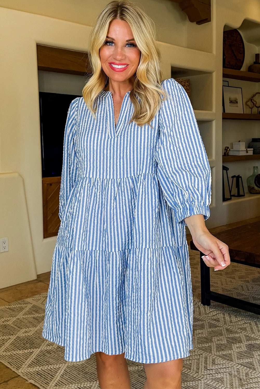Blue Stripe Bracelet Sleeve Tiered Shift Dress with Pockets