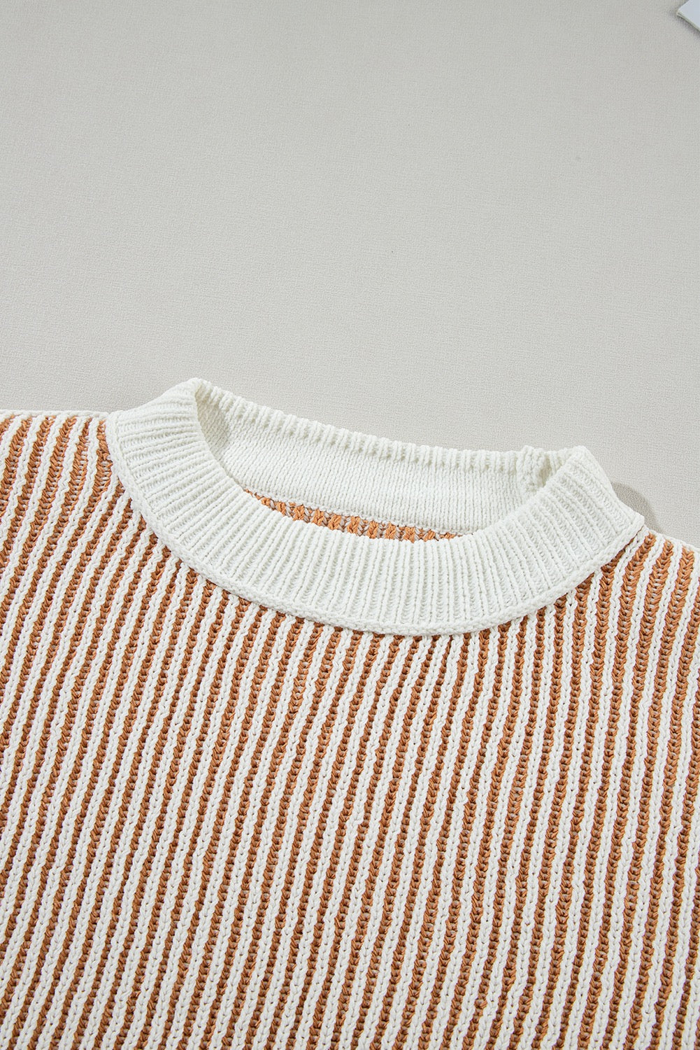 Chestnut Striped Textured-Knit Loose Sweater with Contrast Edge