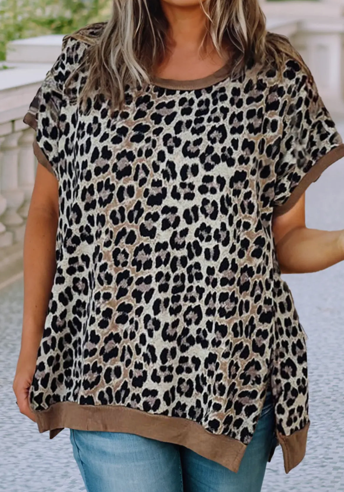 Khaki Leopard Contrast Trim Top