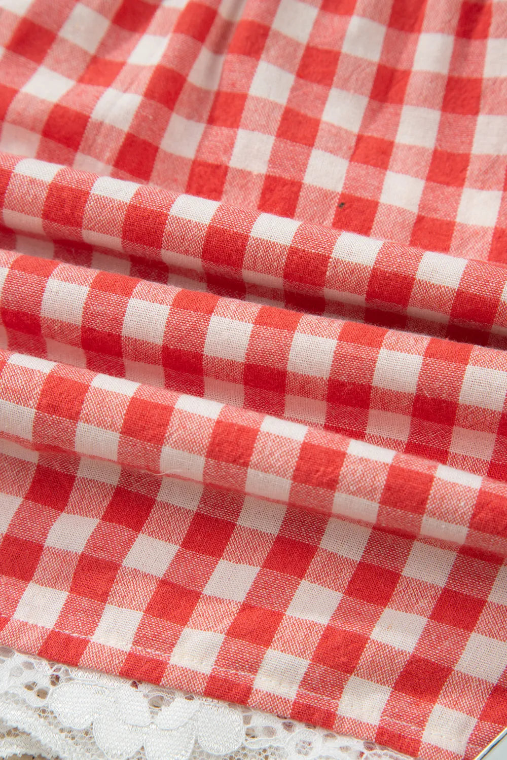 Red Gingham Plaid Tie Waist Lace Hem Casual Shorts