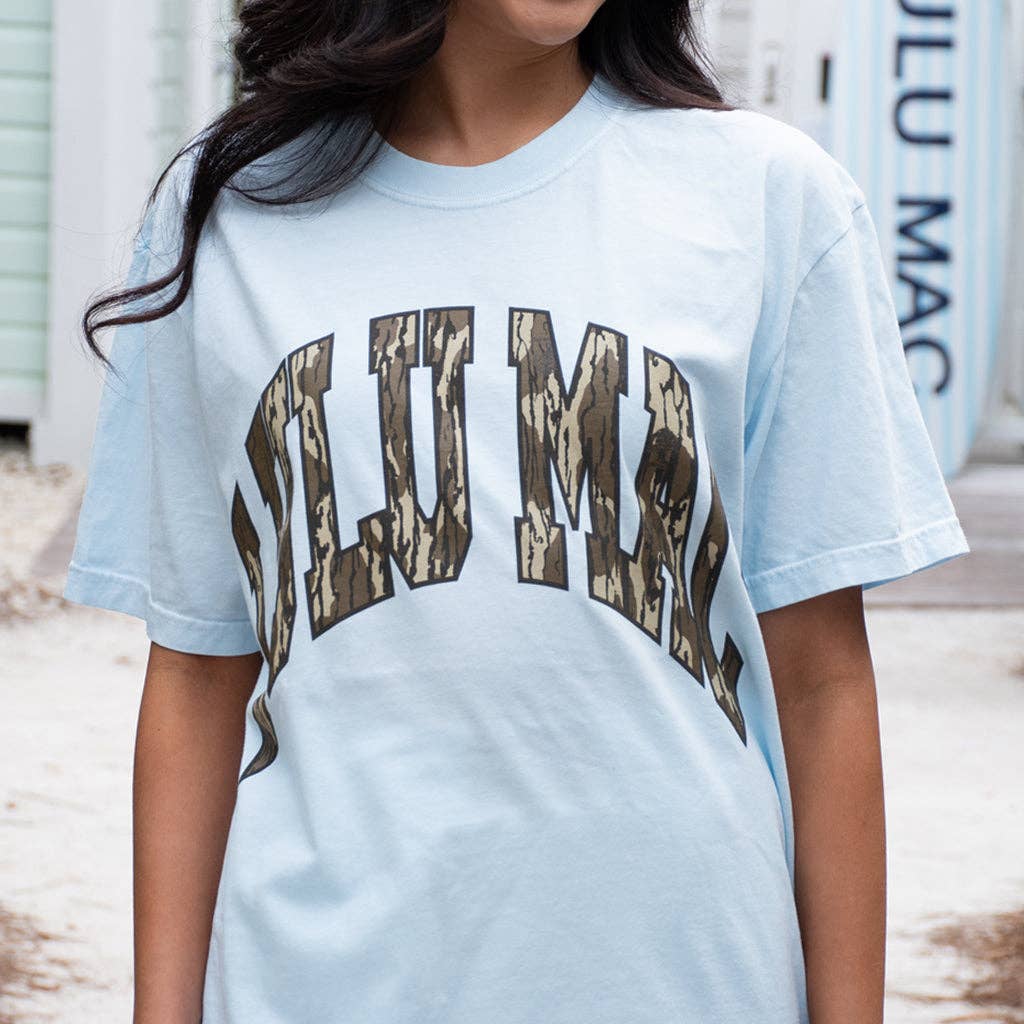 Light blue camo graphic tee for women featuring Mossy Oak Bottomland print on Comfort Colors shirt