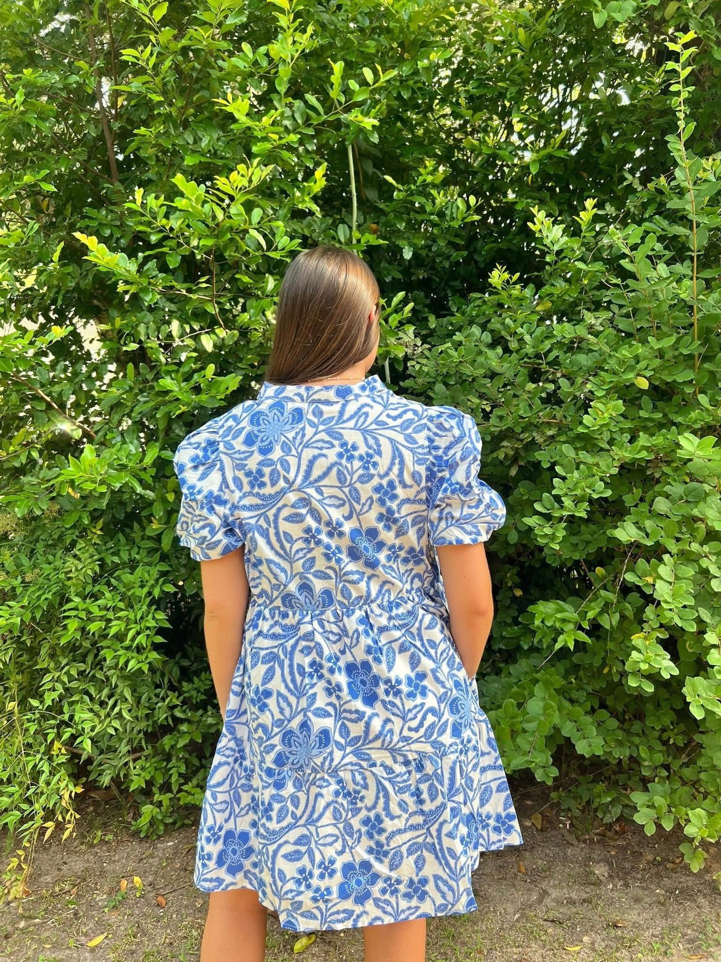 Blue Flower Print Puff Sleeve Tiered Dress