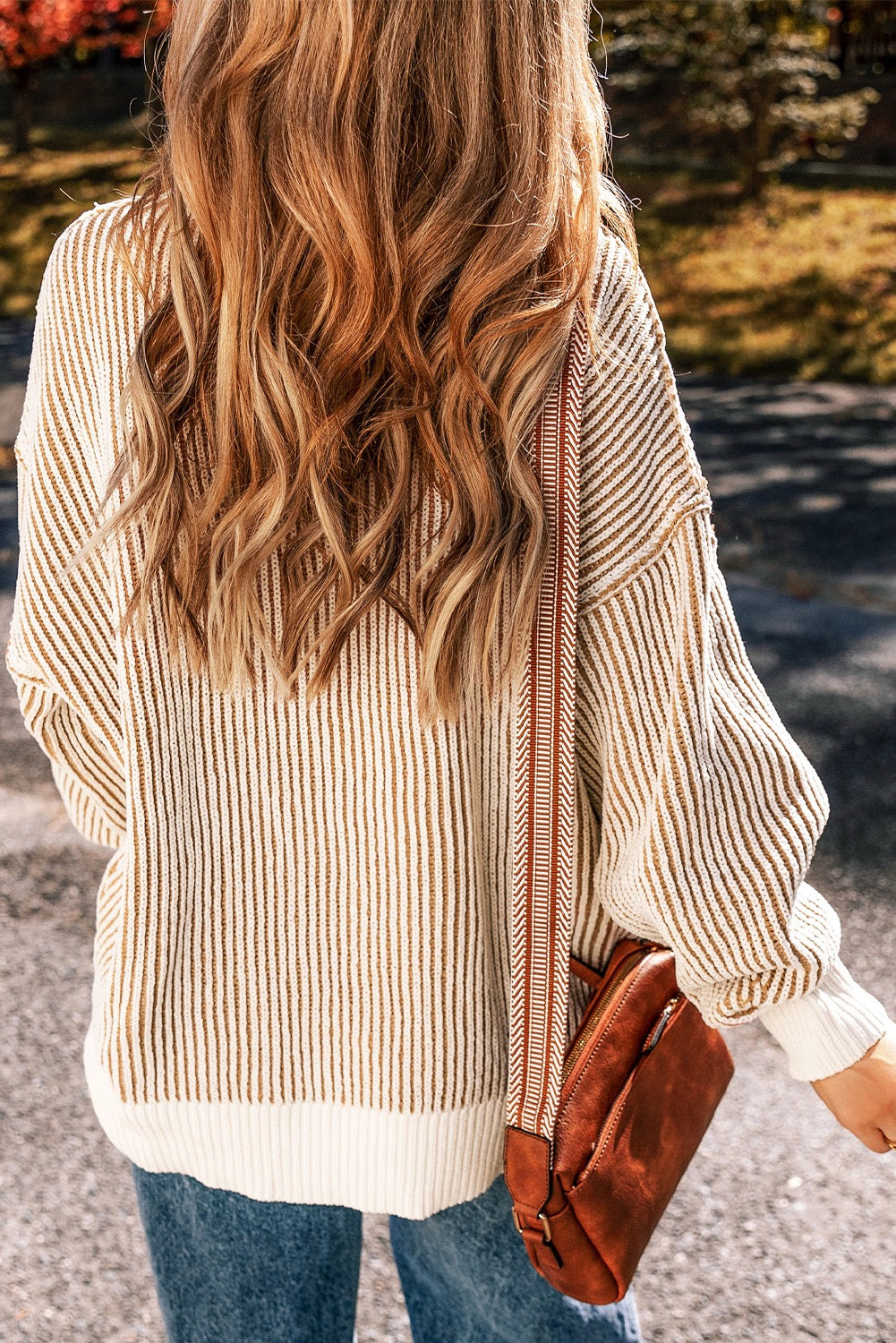Chestnut Striped Textured-Knit Loose Sweater with Contrast Edge