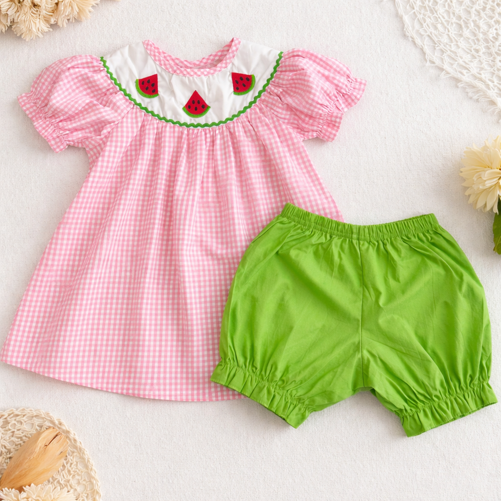 Watermelon Gingham Puff Sleeve Set π