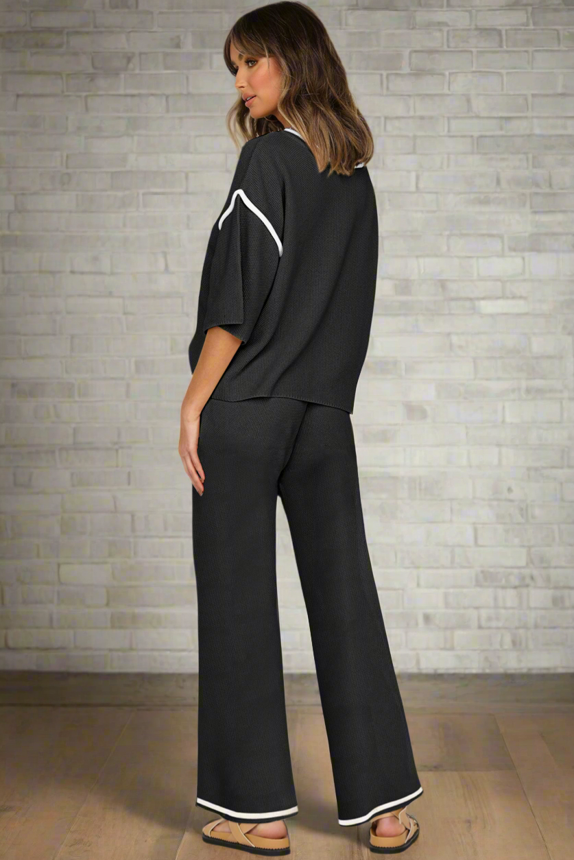 Black Contrast Trim Sweater Knit Pant Set