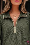 Green / Olive Quarter Zip Collar Bracelet Sleeve Textured Dress