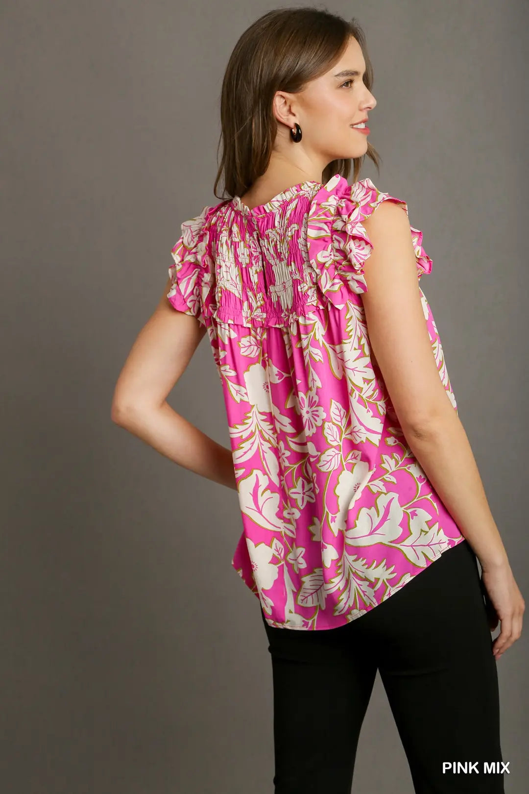 Two Tone Floral Print Smocked Ruffle Shoulder Top with Back Keyhole Button