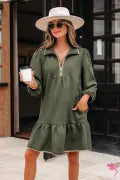Green / Olive Quarter Zip Collar Bracelet Sleeve Textured Dress