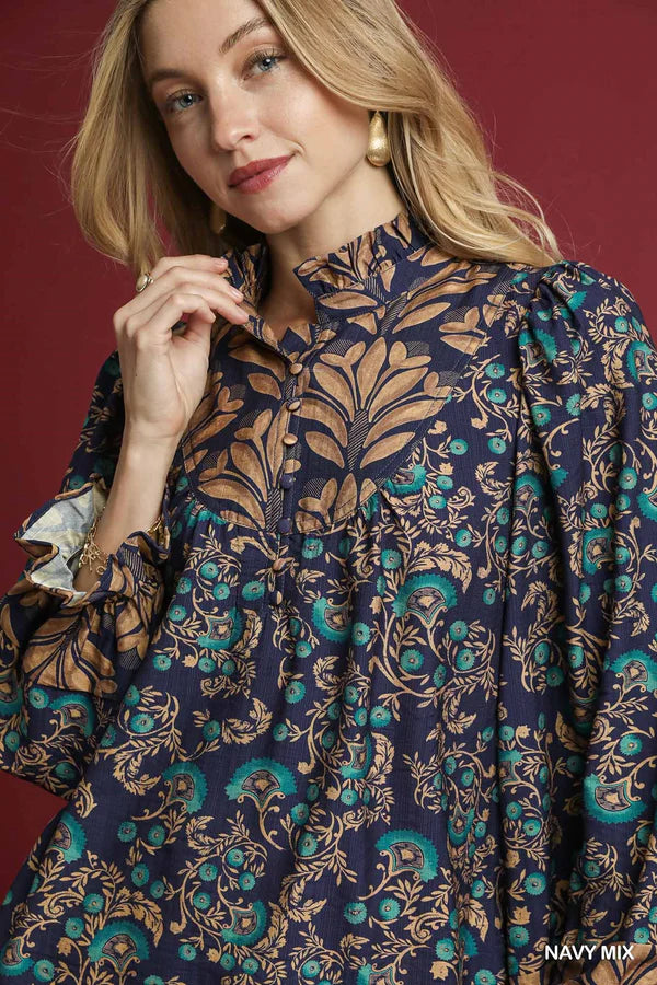 Mixed Print Ruffle Neck Top by UMGEE