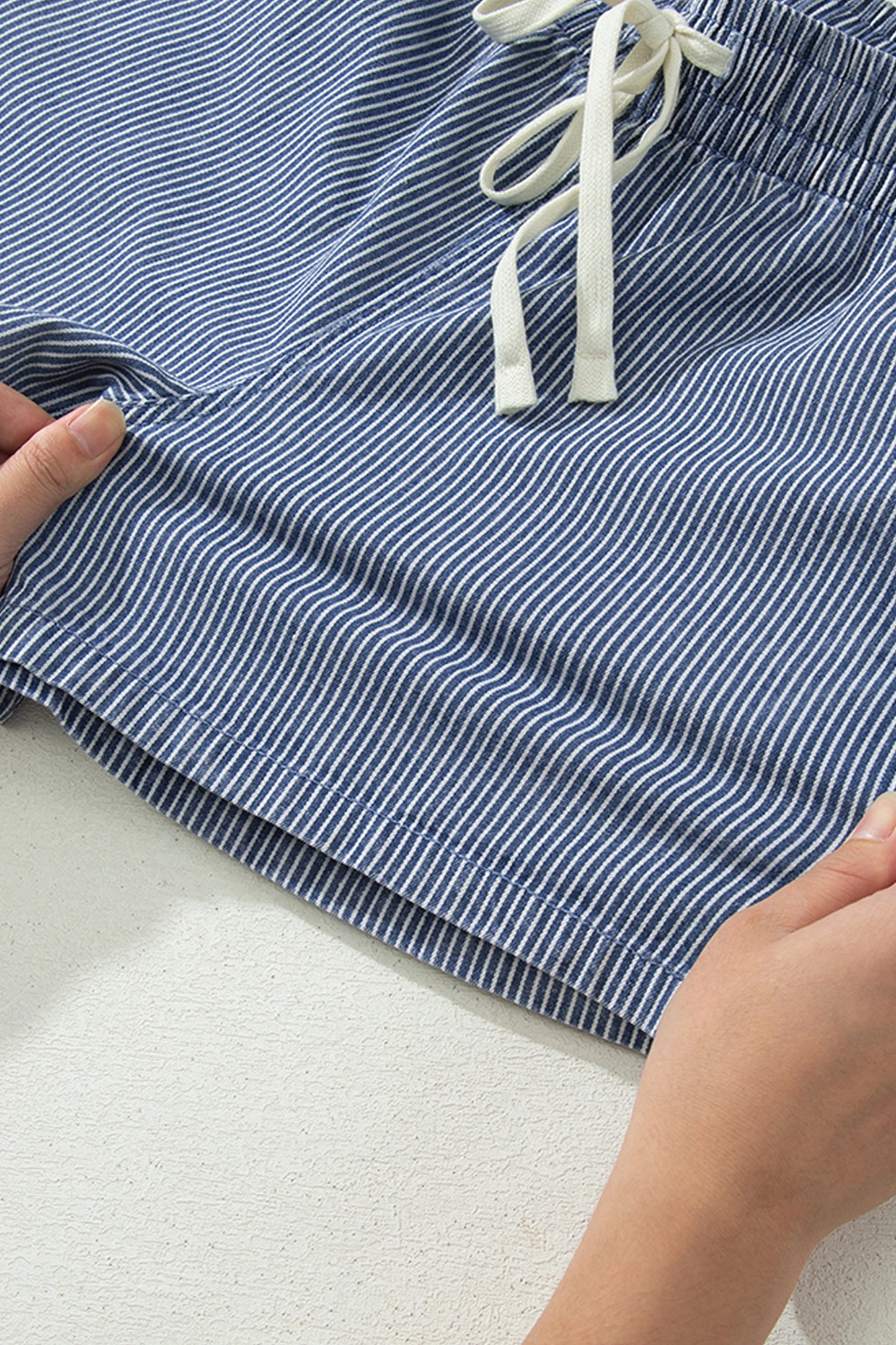 Blue Stripe Drawstring Denim Shorts
