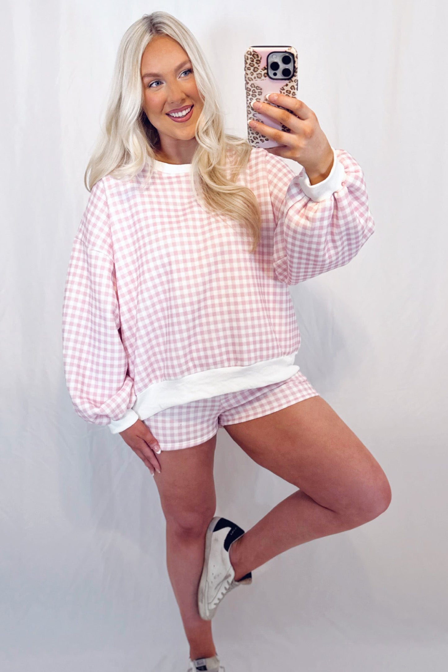 Pink Gingham Baggy Pullover Drawstring Casual Short Set
