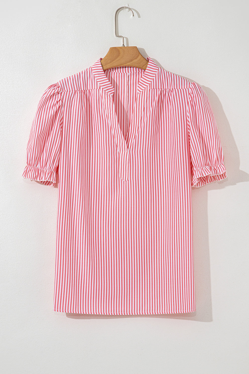Pink Stripe Frilled Puff Sleeve Blouse
