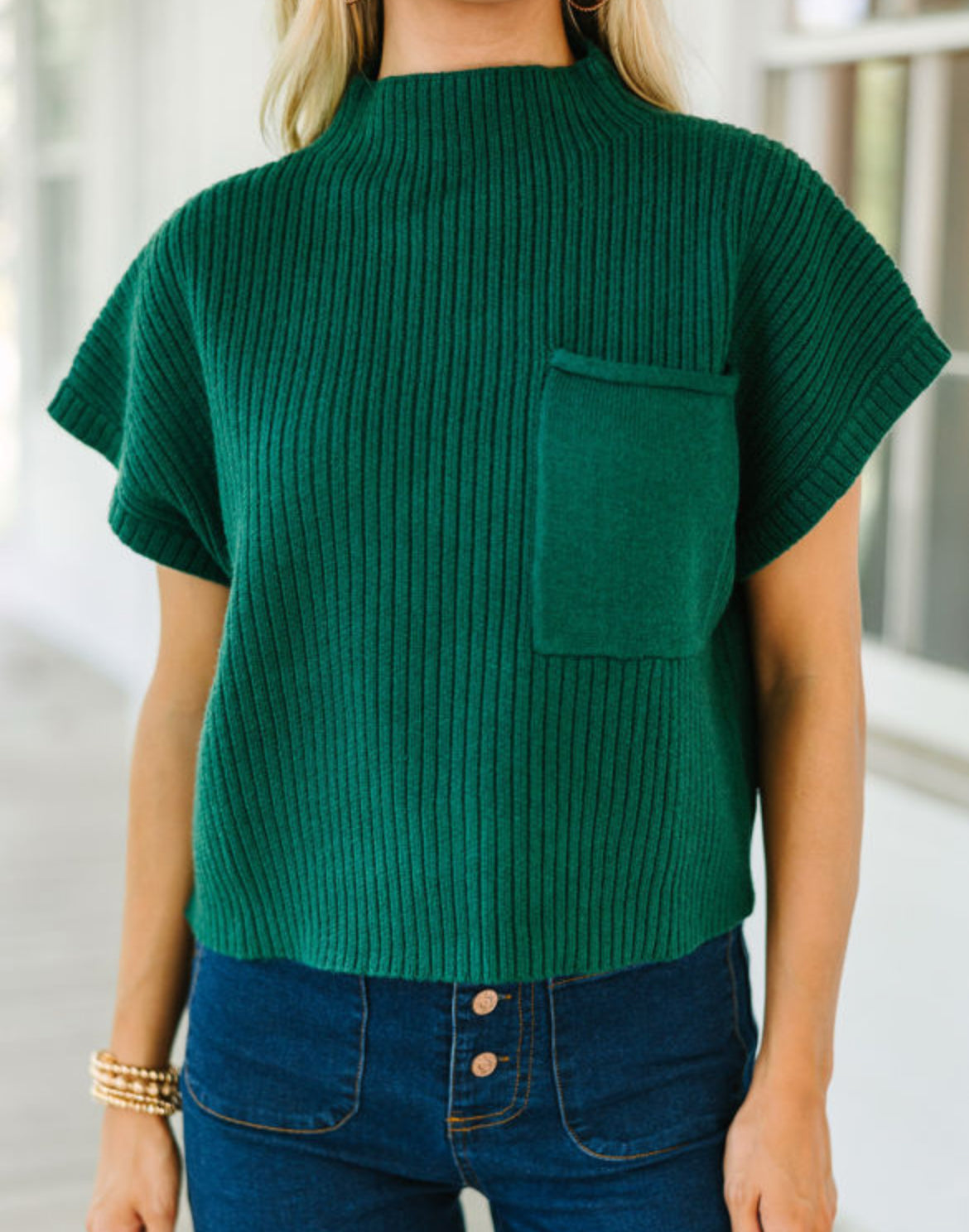 Green Patch Pocket Ribbed Knit Short Sleeve Sweater