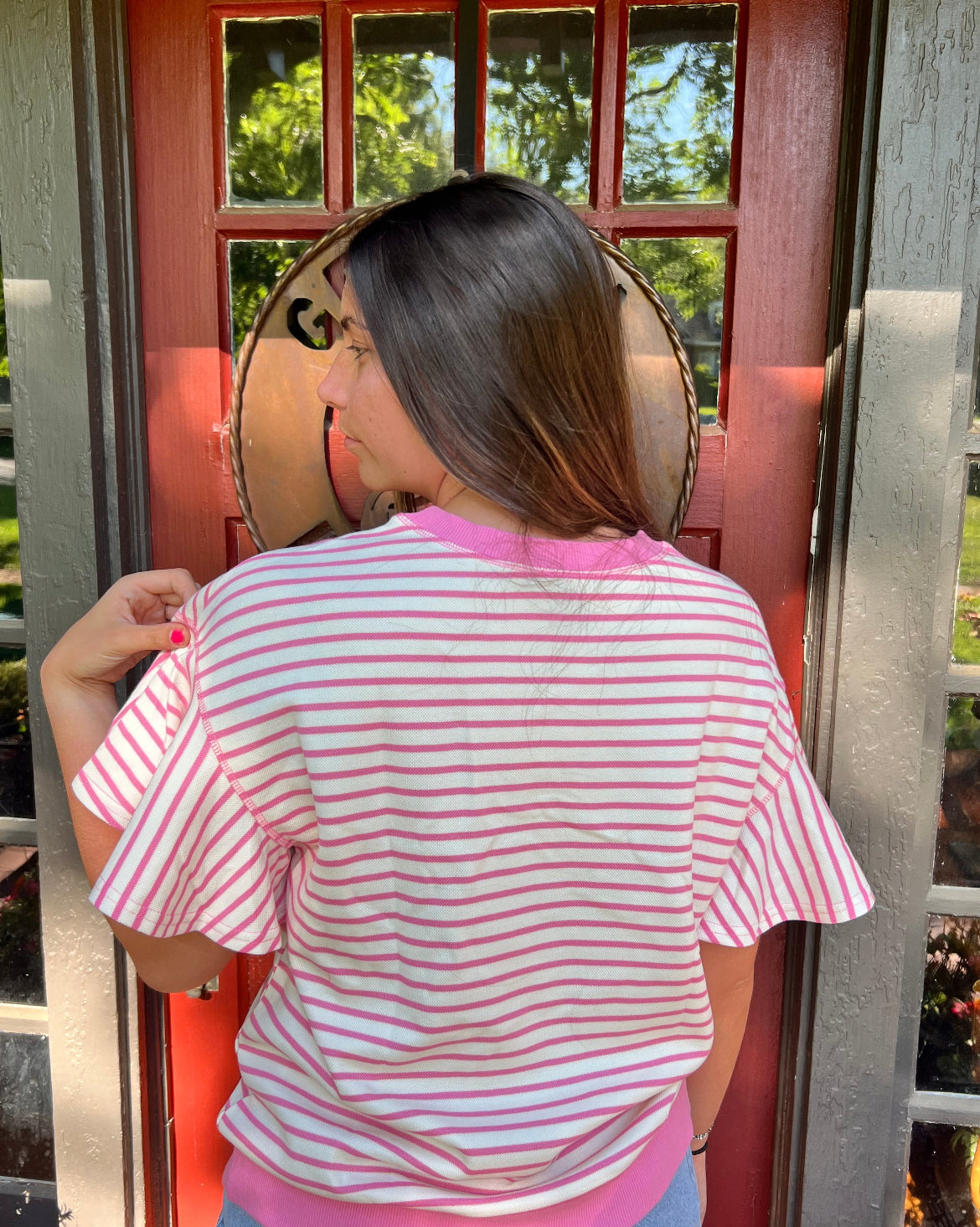 Sachet Pink Sequined American Flag Bow Patched Striped Ruffled Sleeve Blouse