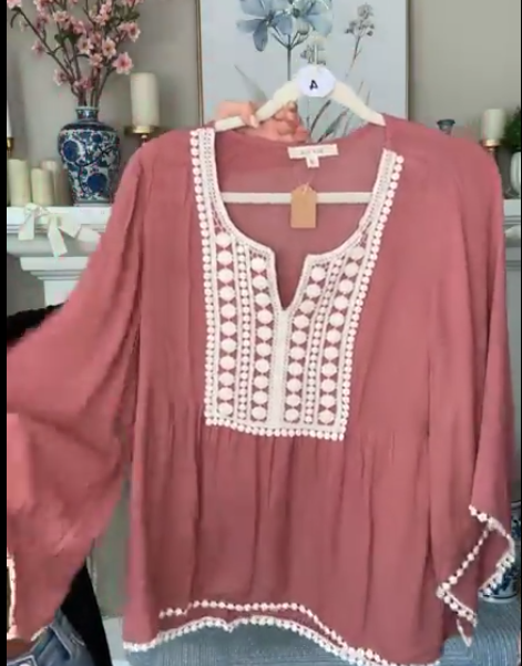 Dusty Rose Lace Trim Boho Top