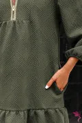Green / Olive Quarter Zip Collar Bracelet Sleeve Textured Dress