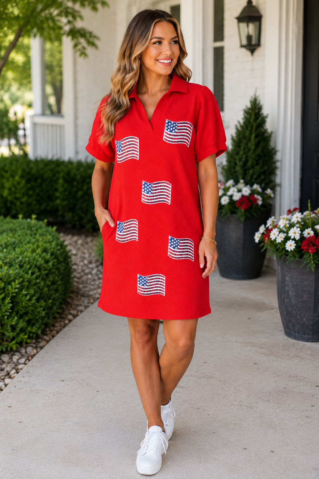 Red Sequin Flag Dress with Pockets