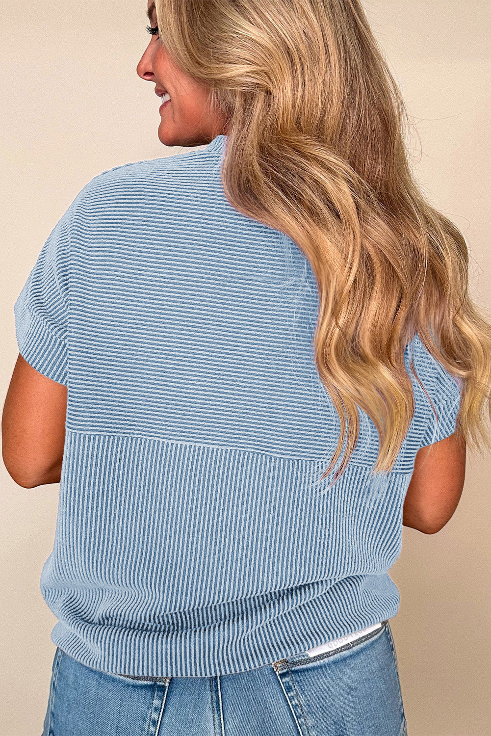 Blue Corded Knit Mock Neck T Shirt