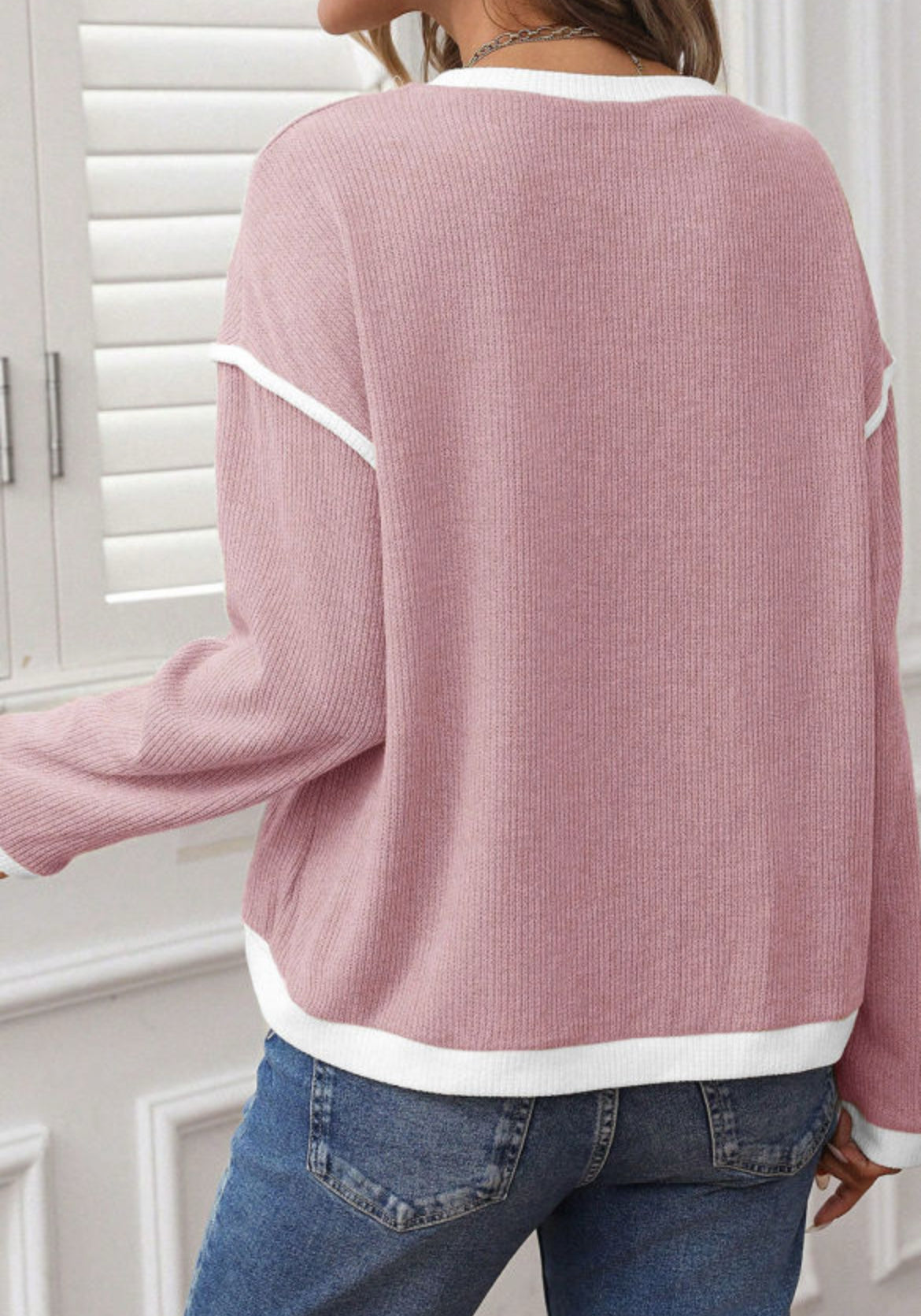 Pink Contrast Trim Knit Drop Shoulder Loose Top