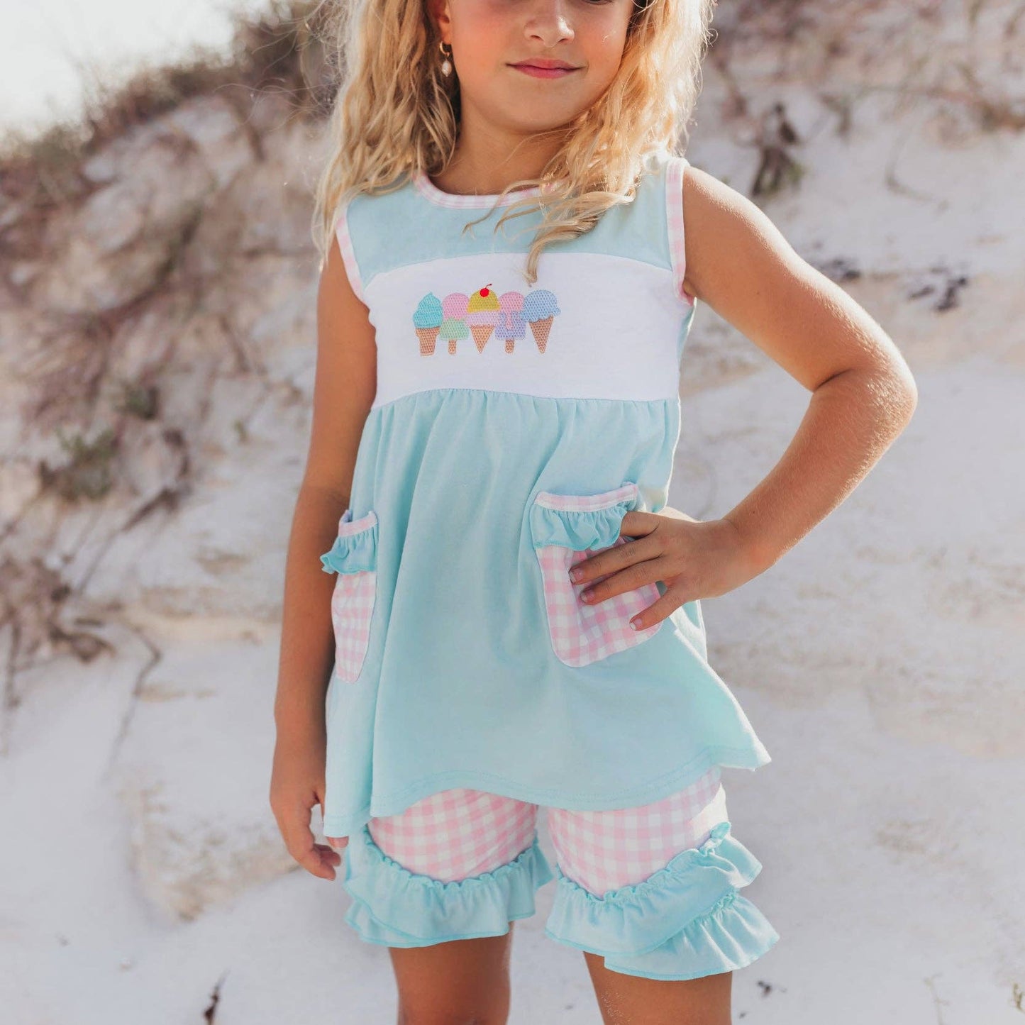 Kids Pastel Ice Cream Gingham Ruffle Spring Summer Short Set