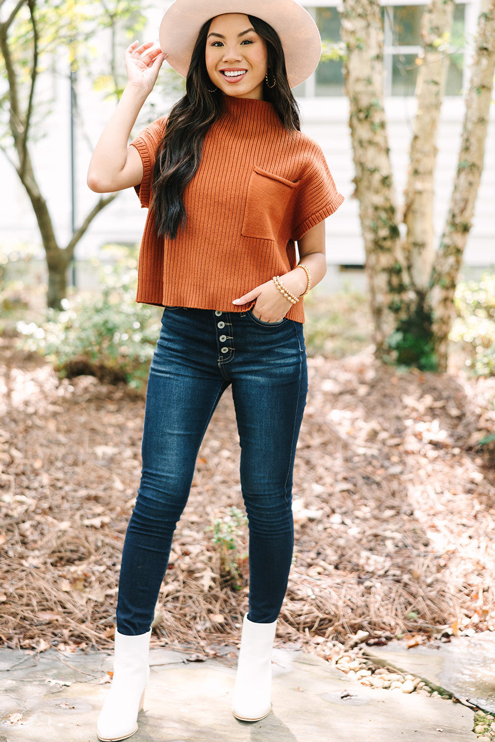 Rust Patch Pocket Ribbed Knit Short Sleeve Sweater