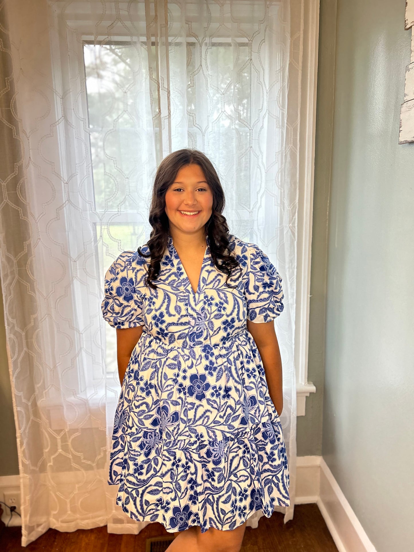 Blue Flower Print Puff Sleeve Tiered Dress