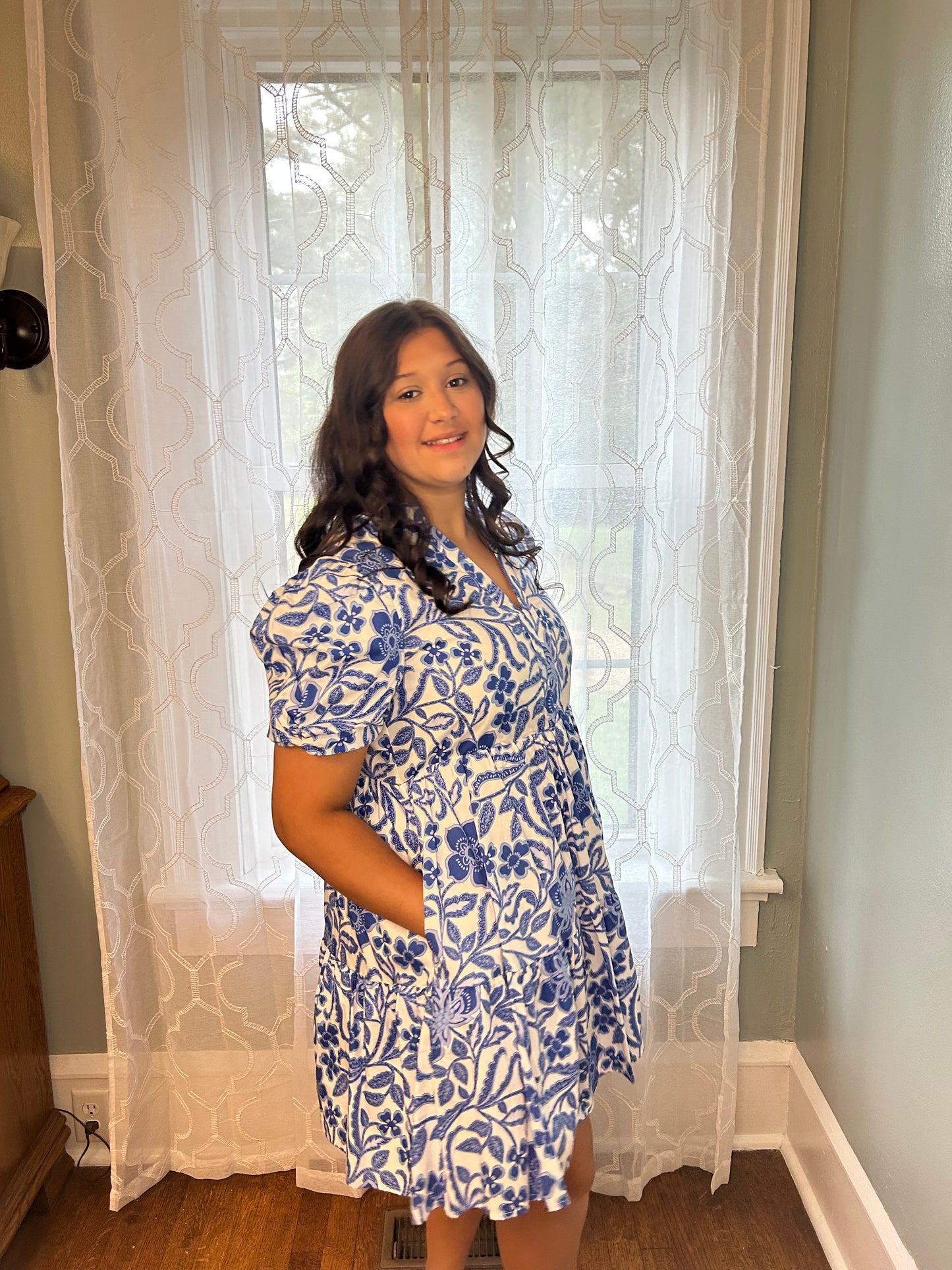Blue Flower Print Puff Sleeve Tiered Dress