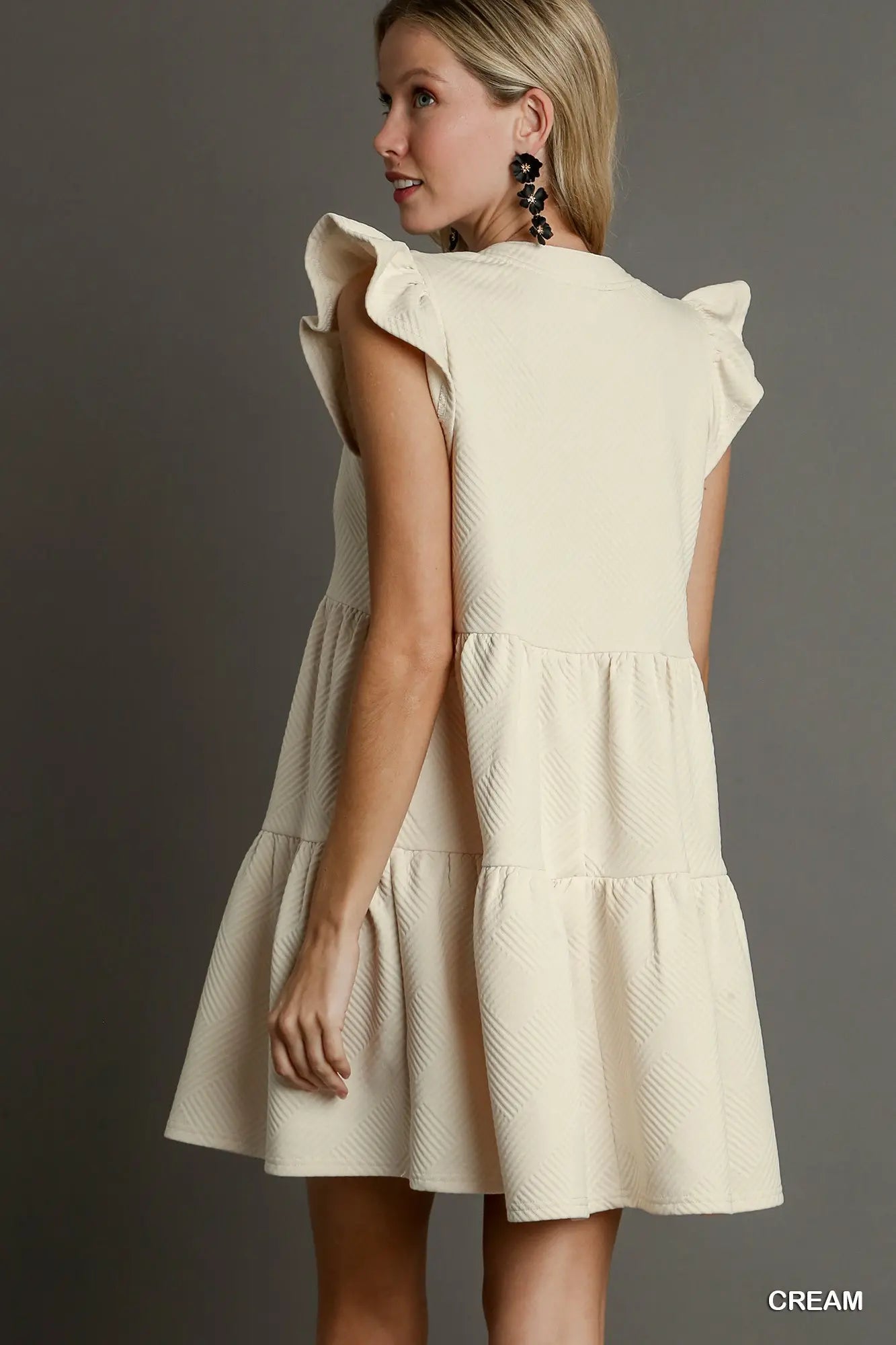 Umgee Cream Textured Babydoll Dress – Ruffle Sleeve Tiered Mini Dress