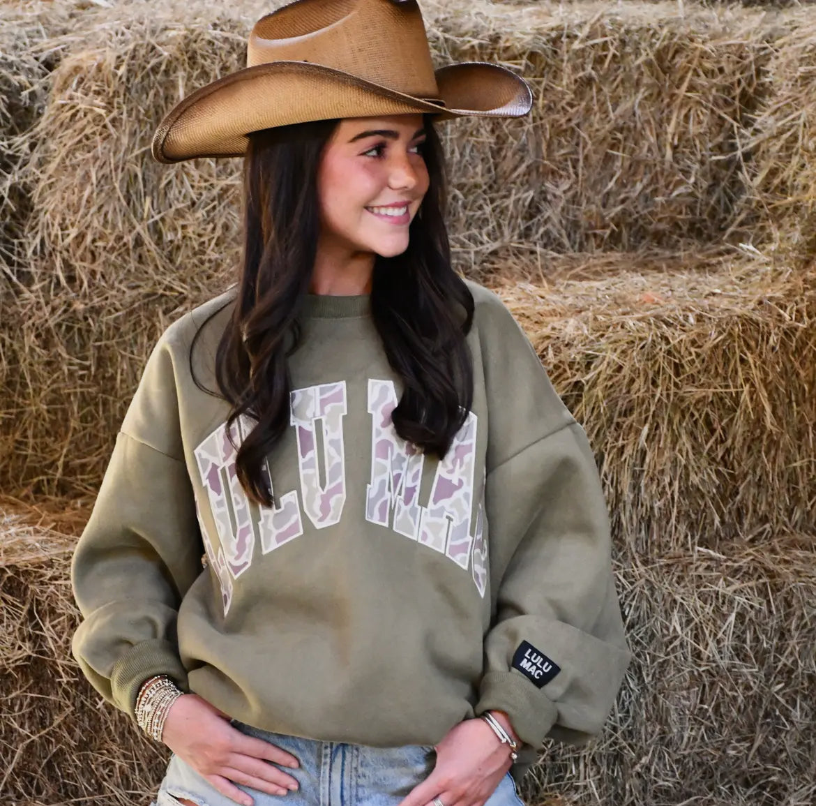 LULU MAC Camo Letter Sweatshirt – Green Pullover | Cozy Southern Style Crewneck