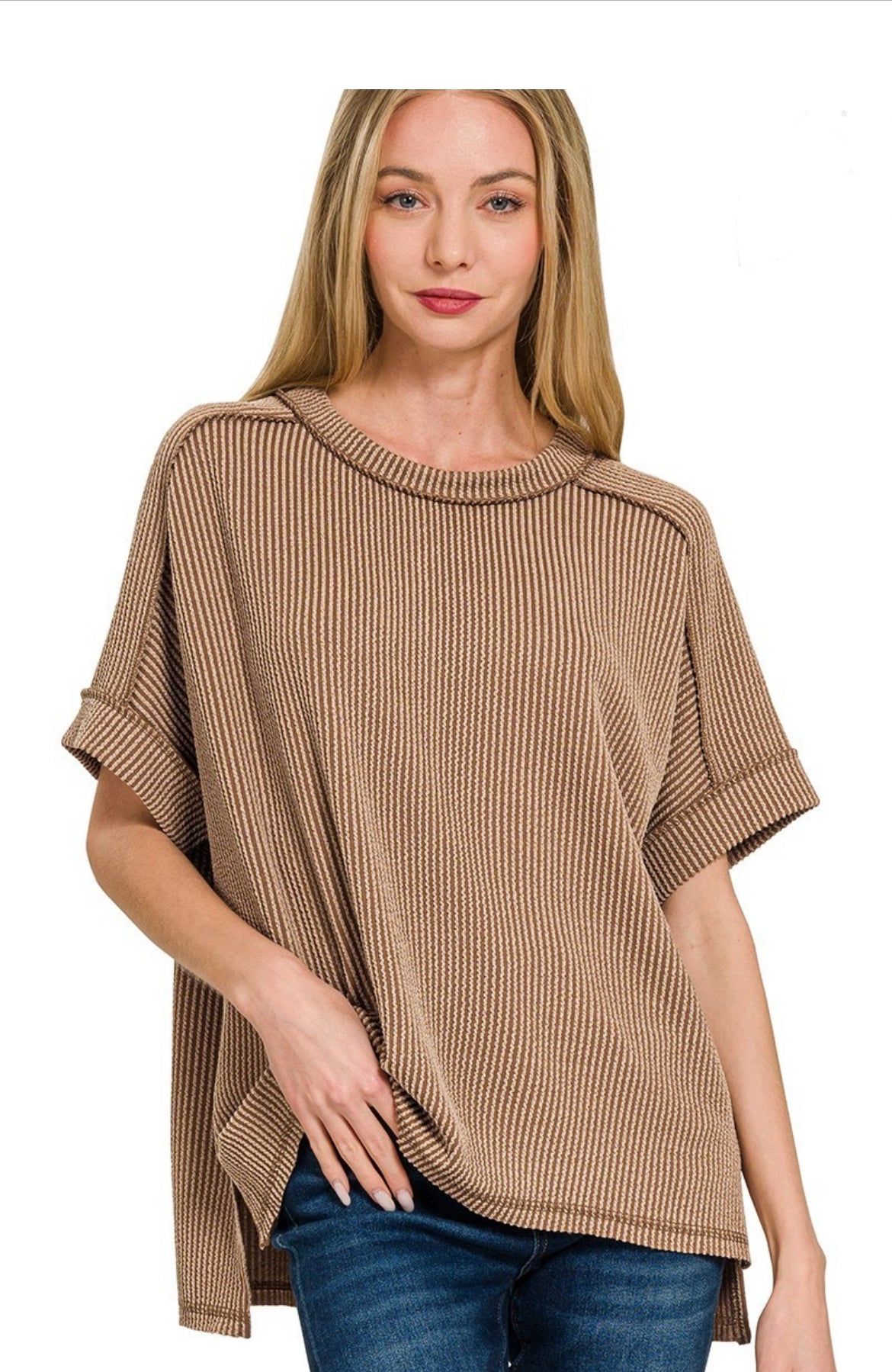 Raised Rib Cuff Raw Edge Top