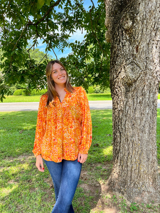 Orange Abstract Babydoll Blouse