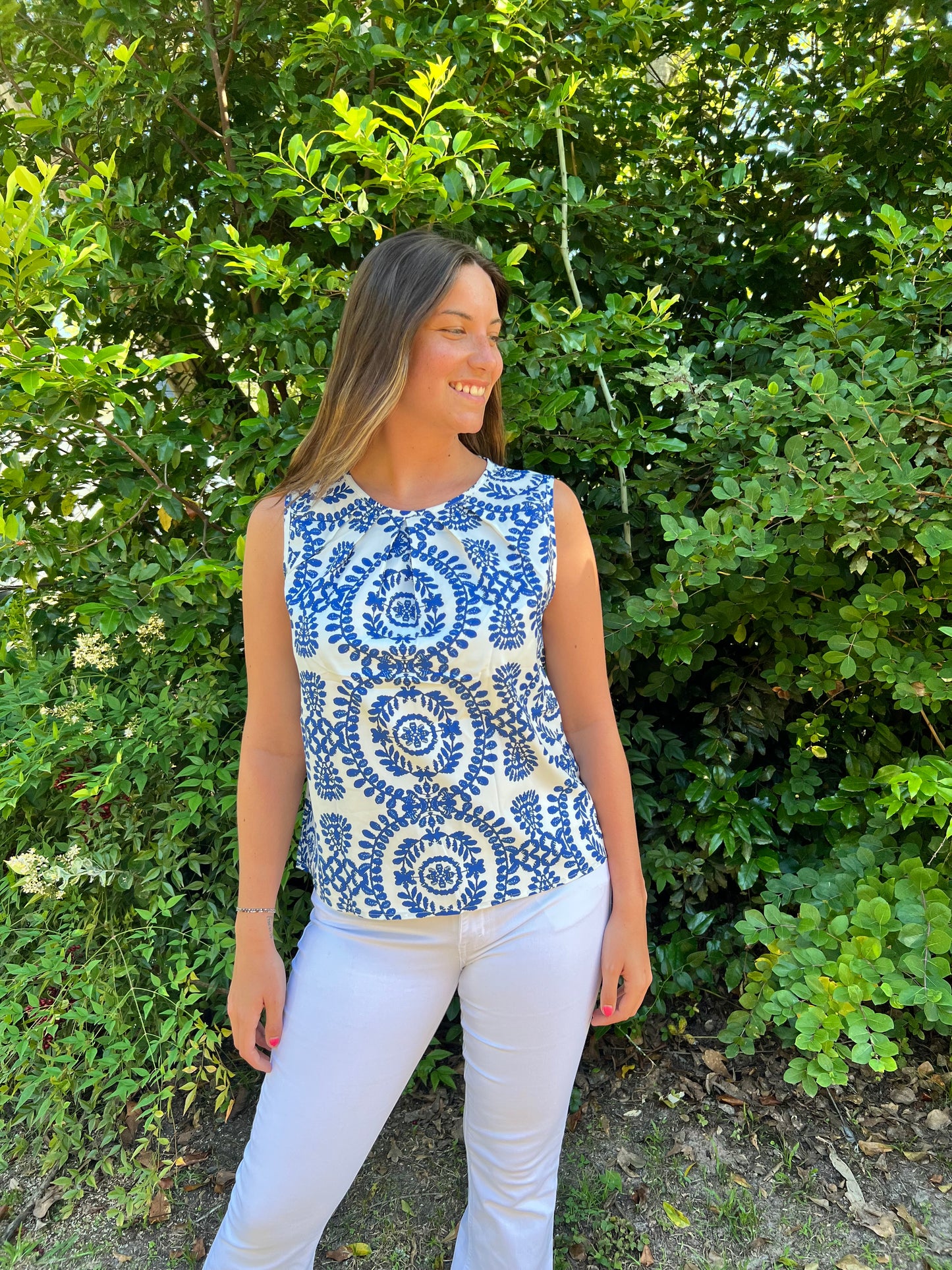 Blue Vintage Print Pintuck Crew Neck Tank Top
