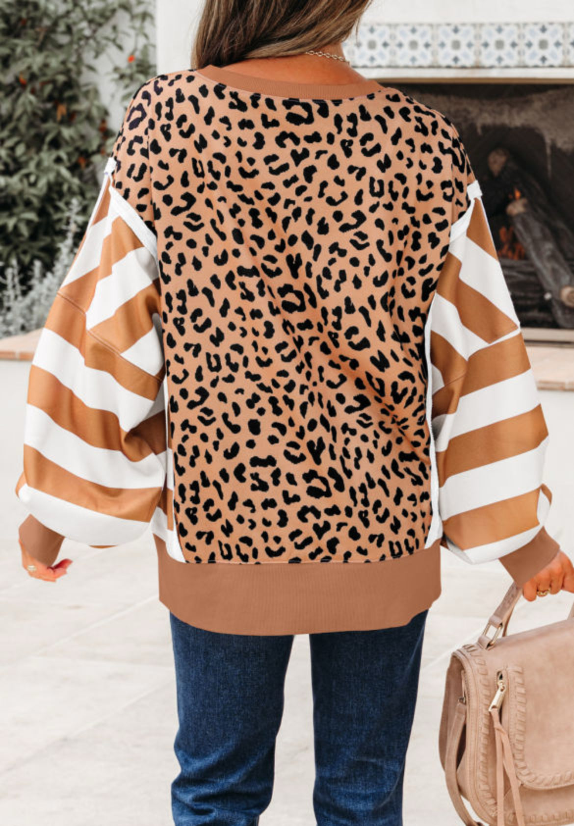 Khaki Leopard Striped Patchwork Sweatshirt