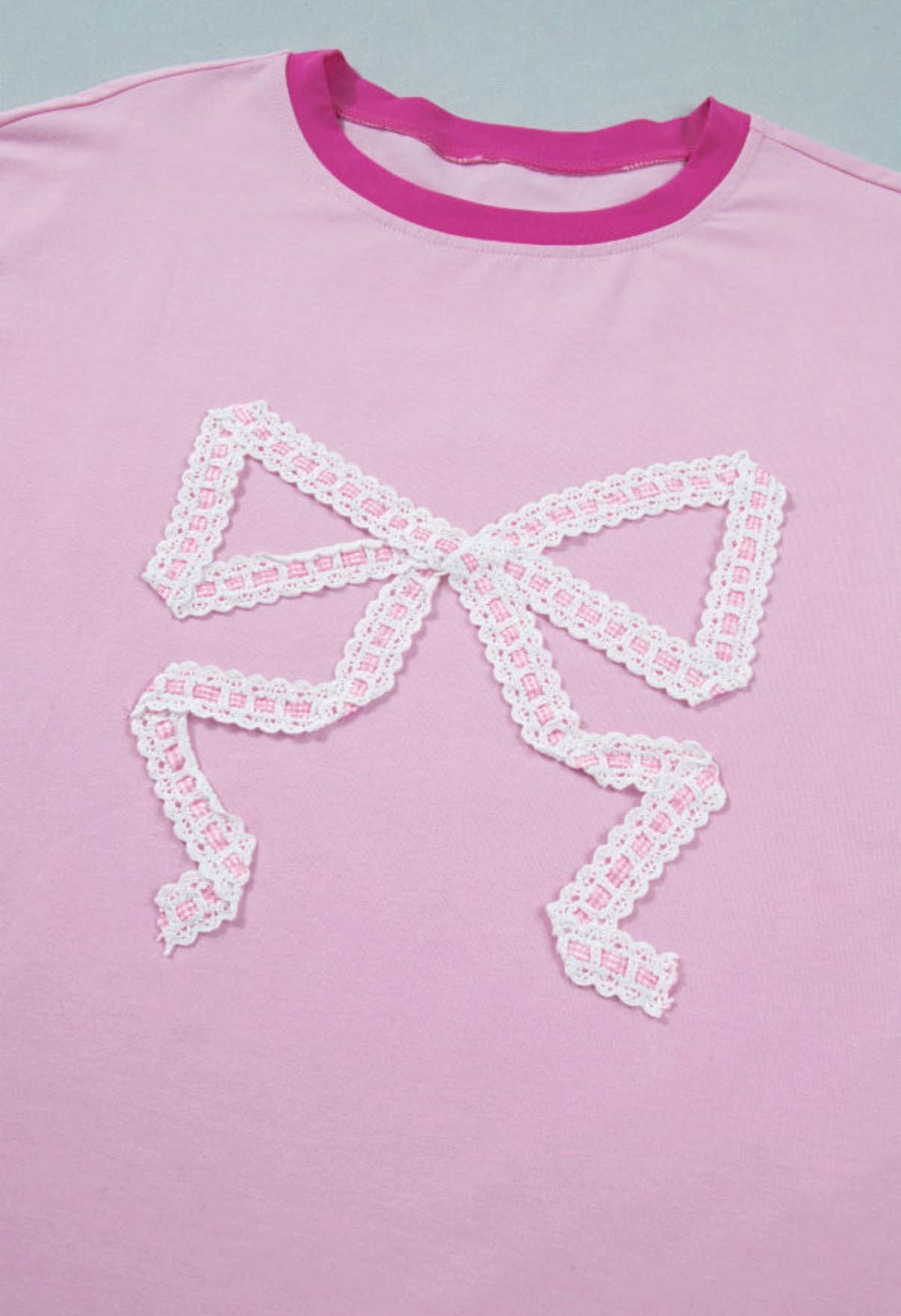 Pink Embroidered Bow Colorblock Tee