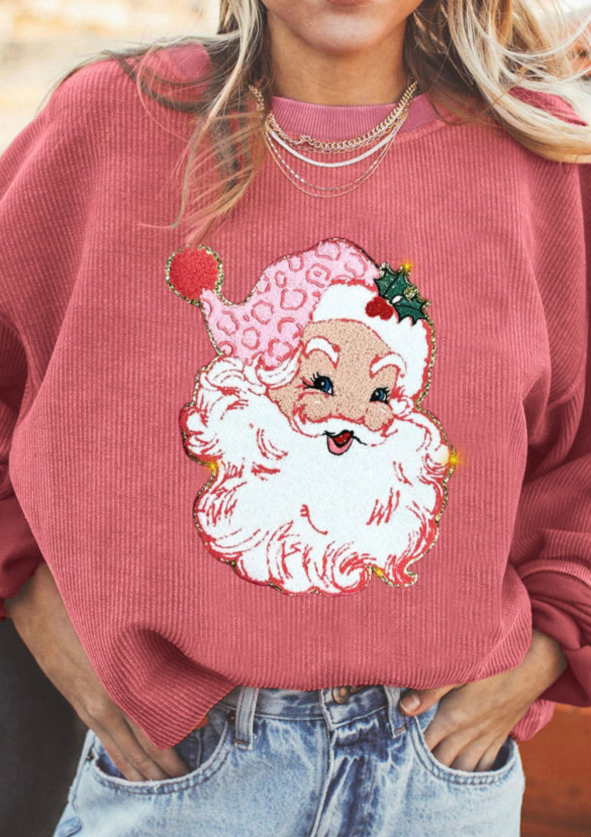 Retro Ribbed Pink Santa Claus Corded Sweater