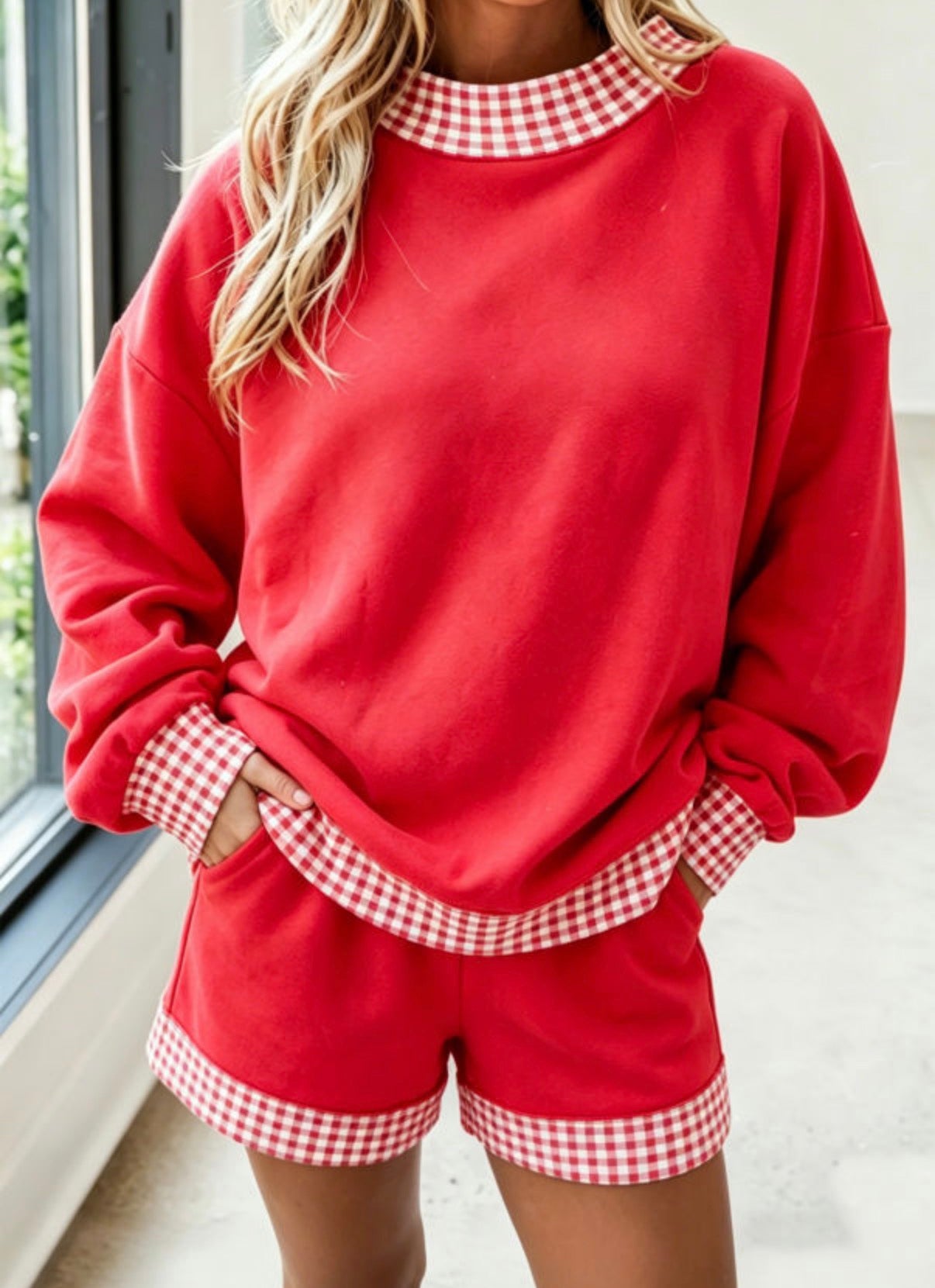 Red Gingham Trim Short Set
