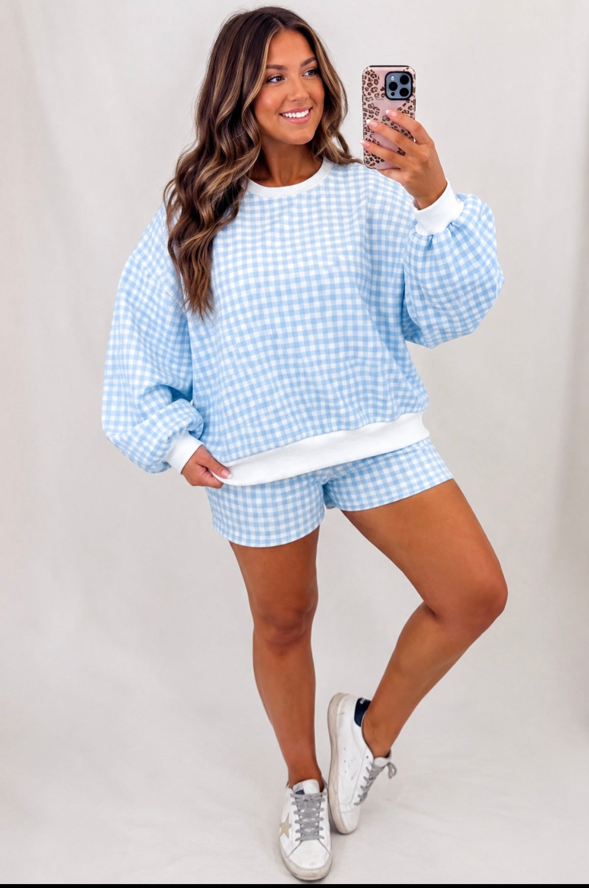 Blue Gingham Baggy Pullover Drawstring Casual Short Set