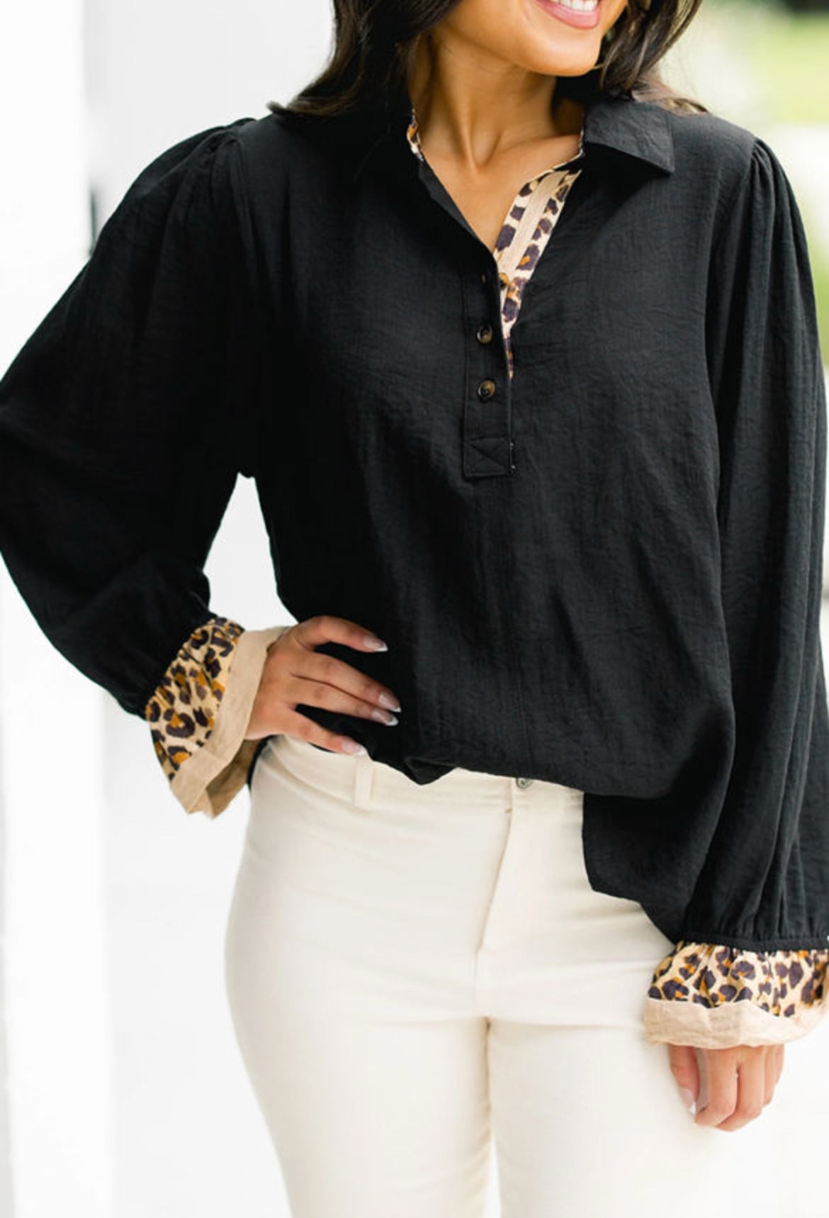 Black Contrast Leopard Print Patchwork Polo-Collar Ruffled Long Sleeve Blouse