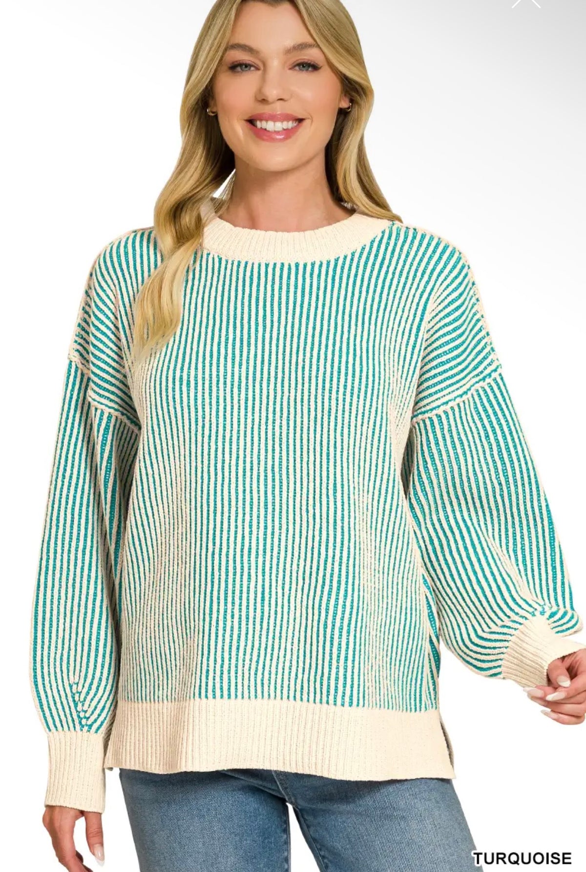 Zenana Two-Tone Crewneck Sweater Turquoise