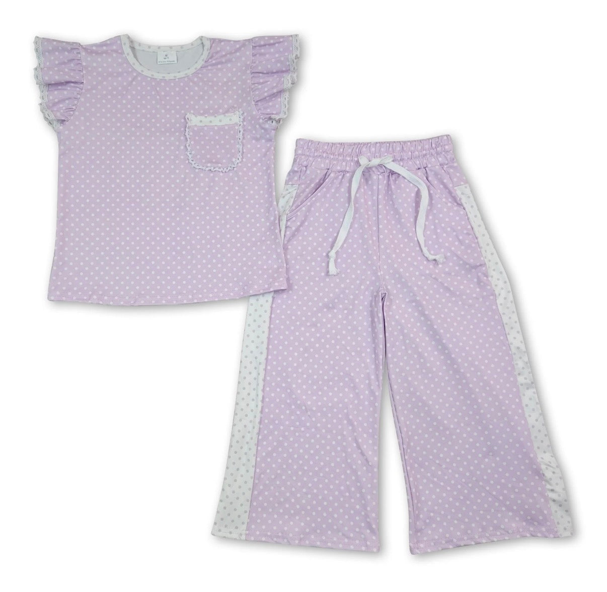 Lavender Polka Dot Flutter Sleeve Top Pants Set Girls Outfit