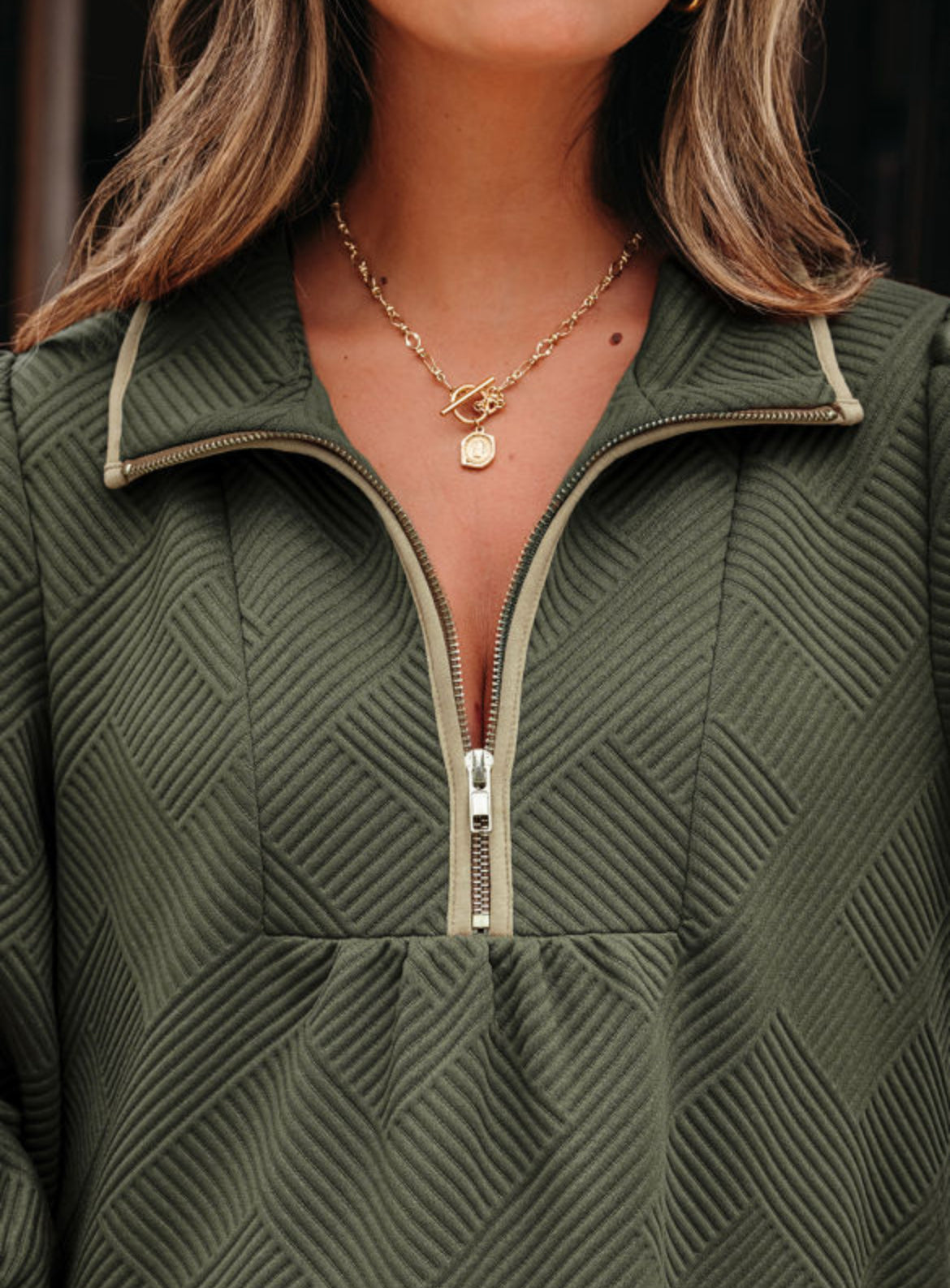 Green / Olive Quarter Zip Collar Bracelet Sleeve Textured Dress