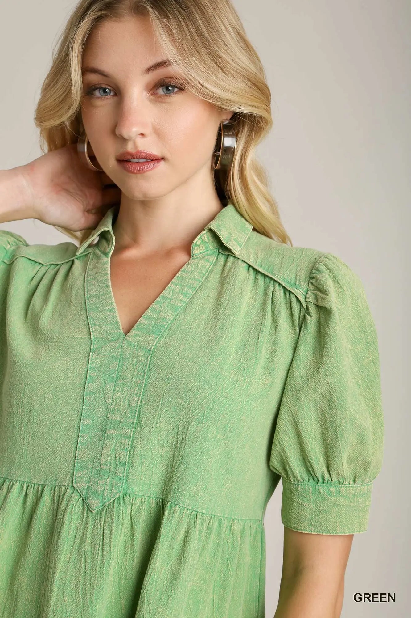 Mineral Washed A-Line Collared Tiered Dress with Short Puff Sleeves by Umgee