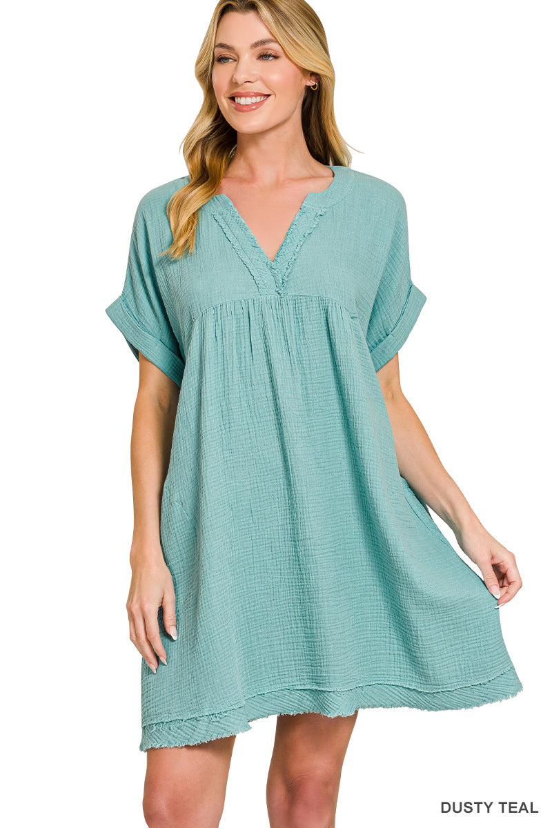 Dusty Teal Raw Edge Gauze Dress by Zenana