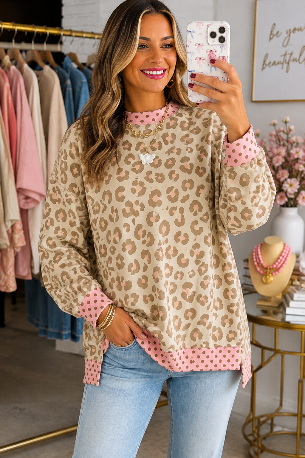 Khaki Leopard Print Top with Polka Dot Trim