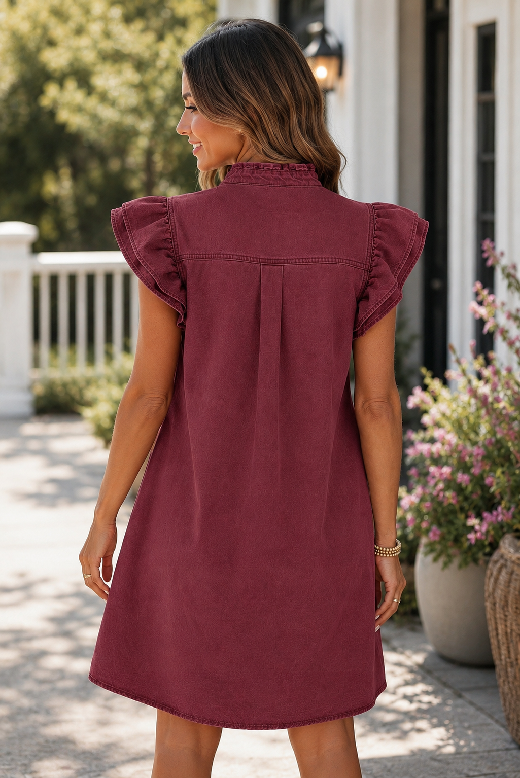 Red Sandalwood Button Down Ruffle Sleeve Denim Dress